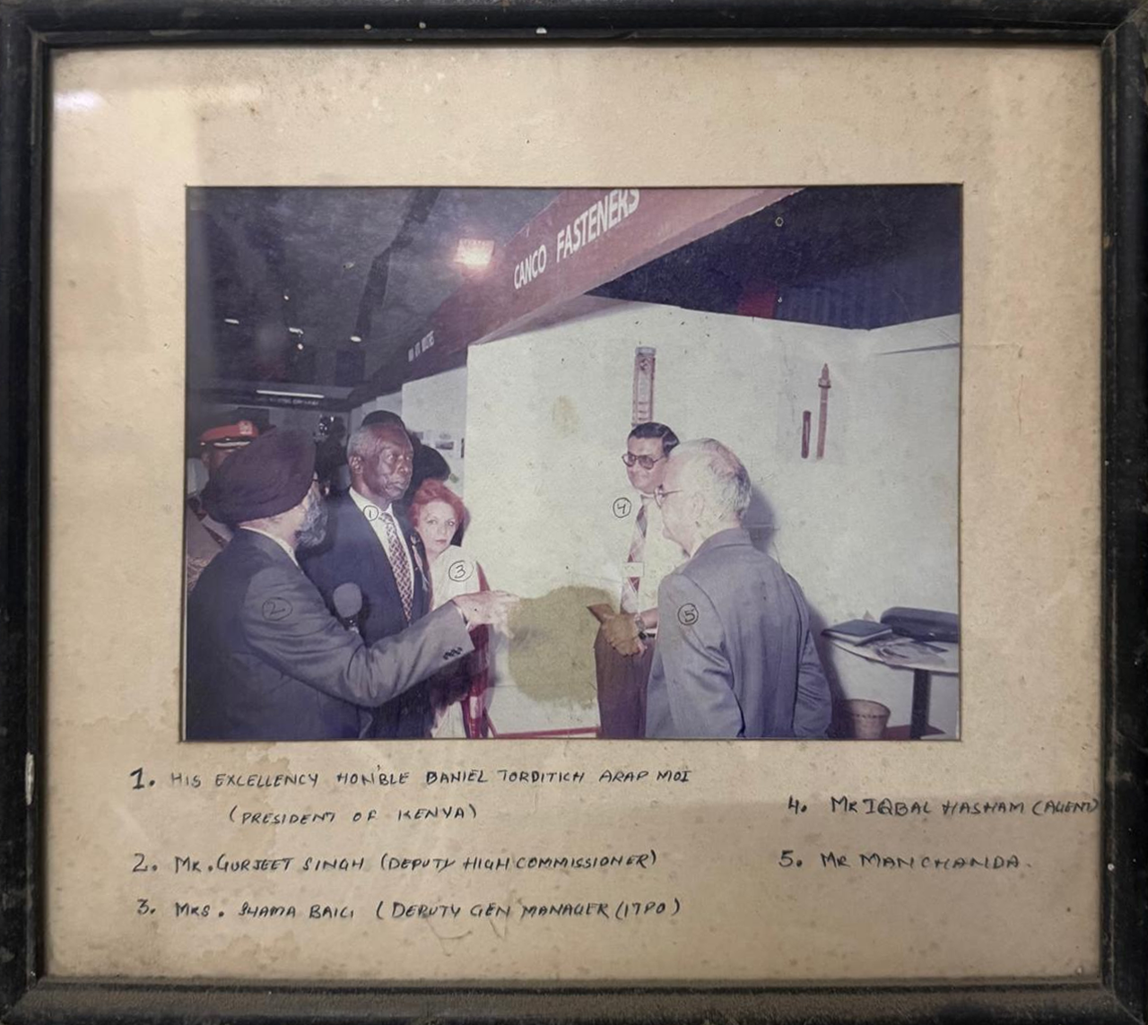 President of Kenya at the Canco Fasteners exhibition stall, New Delhi — 1980s
